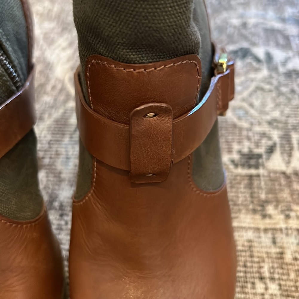 Tory Burch Oren Peep Toe Ankle Booties Boots Leather & Canvas High Heel size 8 - Picture 5 of 9